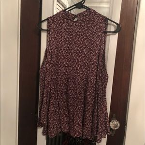 burgundy floral mock neck cold shoulder blouse